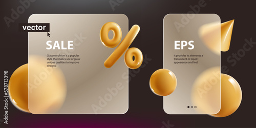 Sale banner with golden percent sign in glassmorphism style. Vector illustration with blurred spheres and cones.