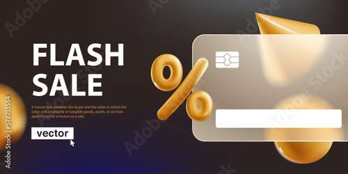 Flash sale banner with banking card and golden percent sign in glassmorphism style.