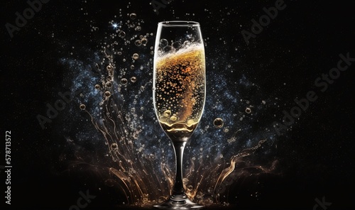  a glass of champagne with bubbles and bubbles in the background.  generative ai