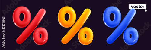 Set of realistic 3D percent signs for sale discount labels. Multicolored red, yellow, and blue icons.