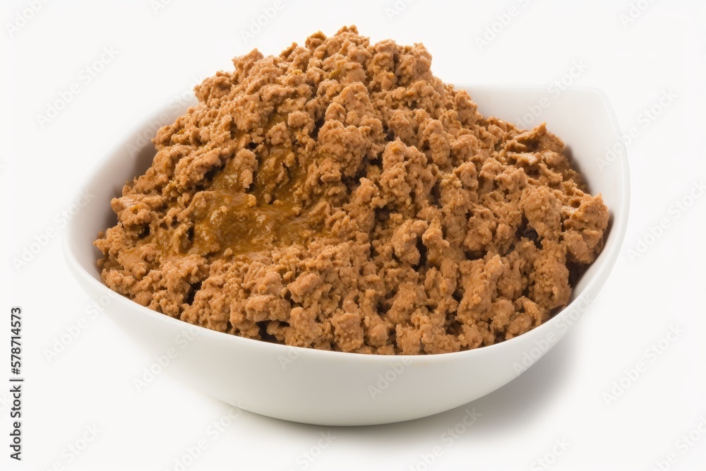 spiced ground pork, displayed on a white background. Generative AI spiced ground pork, displayed on a white background. Generative AI