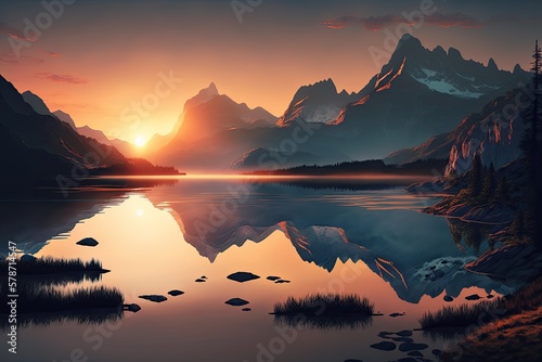 Gorgeous sunrise landscape over lake and rocky mountains in the background. Generative ai
