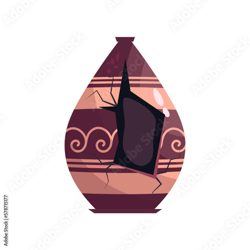 Greek broken vase ancient jar isolated. Ceramic broken vase with greek symbol. Cartoon vector illustration. Pottery jar earthenware antique design.