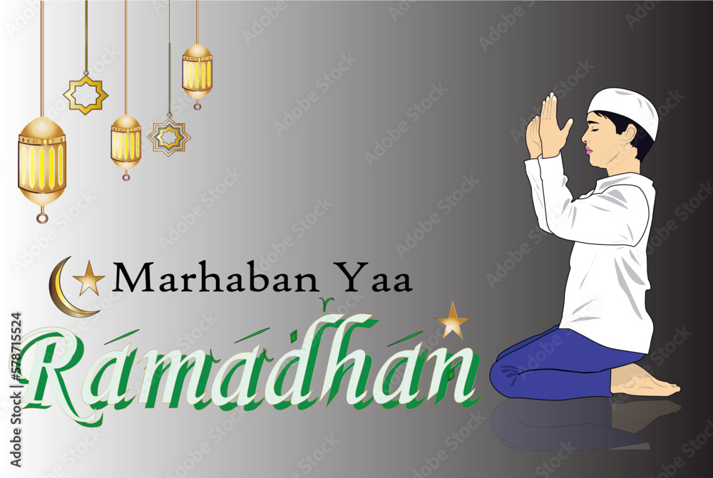 Ramadan welcome greetings with vector of children praying and ornament lanterns and islamic decorations Ramadan welcome greetings with vector of children praying and ornament lanterns and islamic decorations