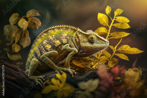 Outdoors  a chameleon is seen foraging and hunting. Generative AI