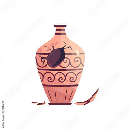 Greek broken vase ancient jar isolated. Ceramic broken vase with greek symbol. Cartoon vector illustration. Pottery jar earthenware antique design.