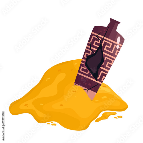 Greek broken vase in sand pile ancient jar isolated. Ceramic broken vase with greek symbol. Cartoon vector illustration. Pottery jar earthenware antique design.
