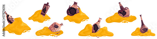 Greek broken vase in sand pile set ancient jar isolated. Ceramic broken vase with greek symbol. Cartoon vector illustration. Pottery jar earthenware antique design