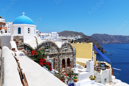 Greek church of St. Nicholas with blue dome, Oia, Santorini, Cyclades Islands, Greek Islands, Greece