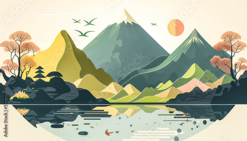 Japanische Landschaft mit Japanischen Details wie See und Berg Abstrakte Illustration 2D Hintergrund Cover Generative AI Digitale Kunst