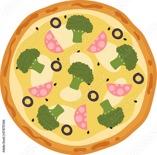 Tasty pizza with salami and broccoli flat illustration