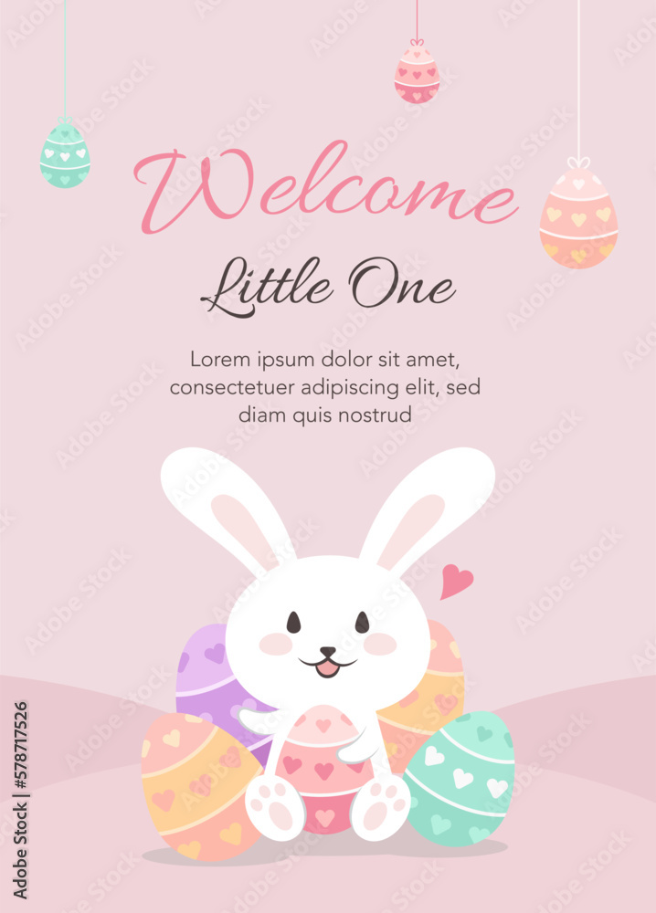 Welcome little one baby party banner. New life, fertility, rabbit, eggs decoration. Welcome little one baby party banner. New life, fertility, rabbit, eggs decoration.