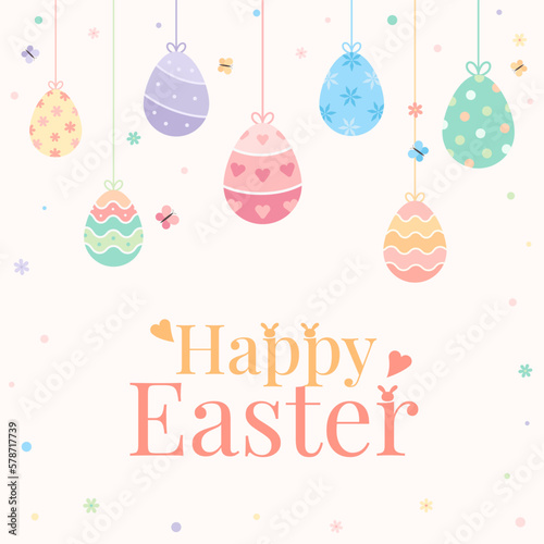 Hanging drawing eggs ornament garland with happy easter words. Template greeting post banner design.
