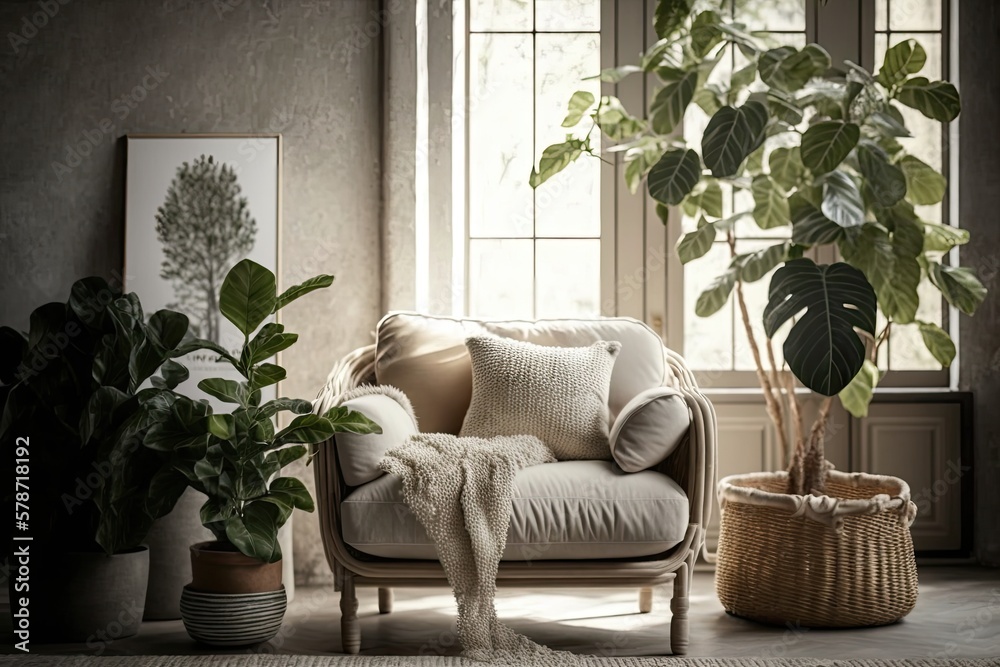 A wabi sabi loft with a modern beige sofa and wicker rattan armchair against a white wall. A light and sophisticated living room decorated in the scandinavian style. Plant in a large container of gree