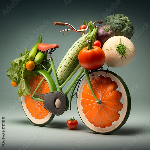 from bicycle vegetables move and travel eat smart healthy conception orange tomato cukkini pumpkin cucumber onion wheels broccoli cabbage kale transport diet Generative AI  photo
