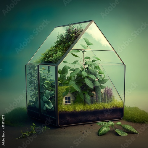 green house ecology glass house greenhouse effect green grass gardening plants house leaves leaf transparent Generative AI 