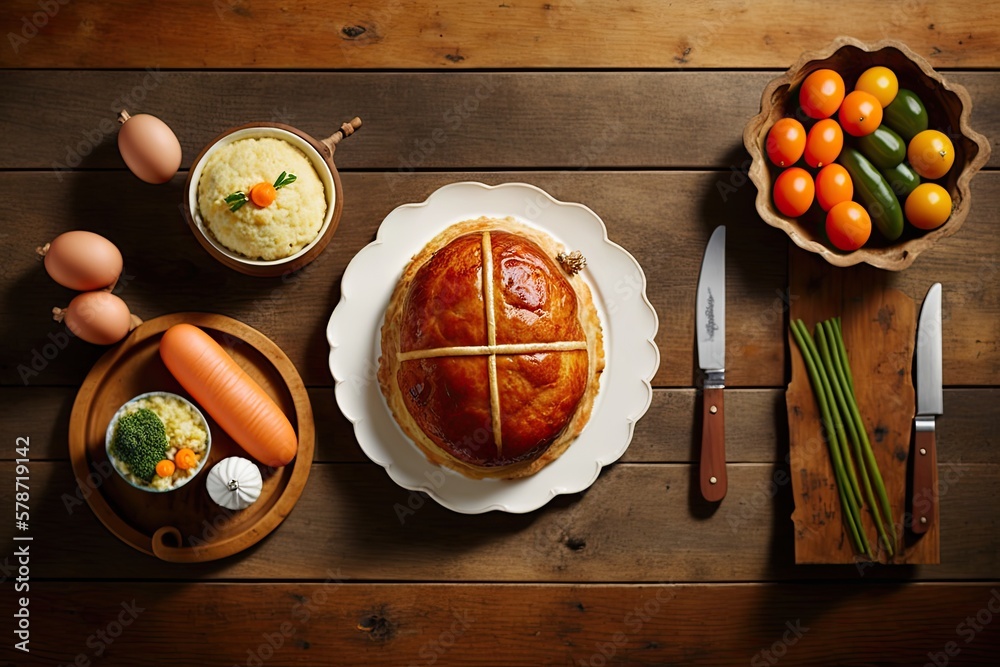 Ham is a traditional Easter dinner. A banner depicting a top down view