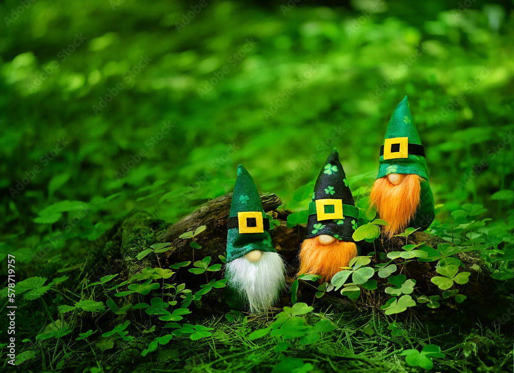 toy gnomes in forest, abstract green natural background. magic friends dwarfs in mystery nature. fairy tale image. spring, summer season. symbol of Ireland, St. Patrick day, traditional irish holiday - obrazy, fototapety, plakaty 