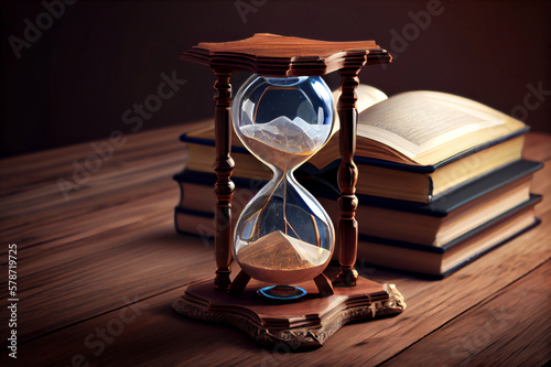Crystal hourglass with books on wooden background. Realistic ilustration. Generative ai