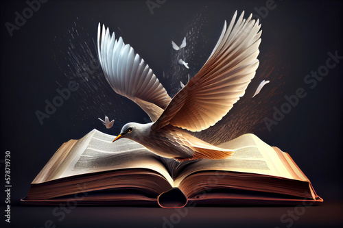 An open book from which a dove flies. Concept of freedom through reading. Generative ai © ako-photography