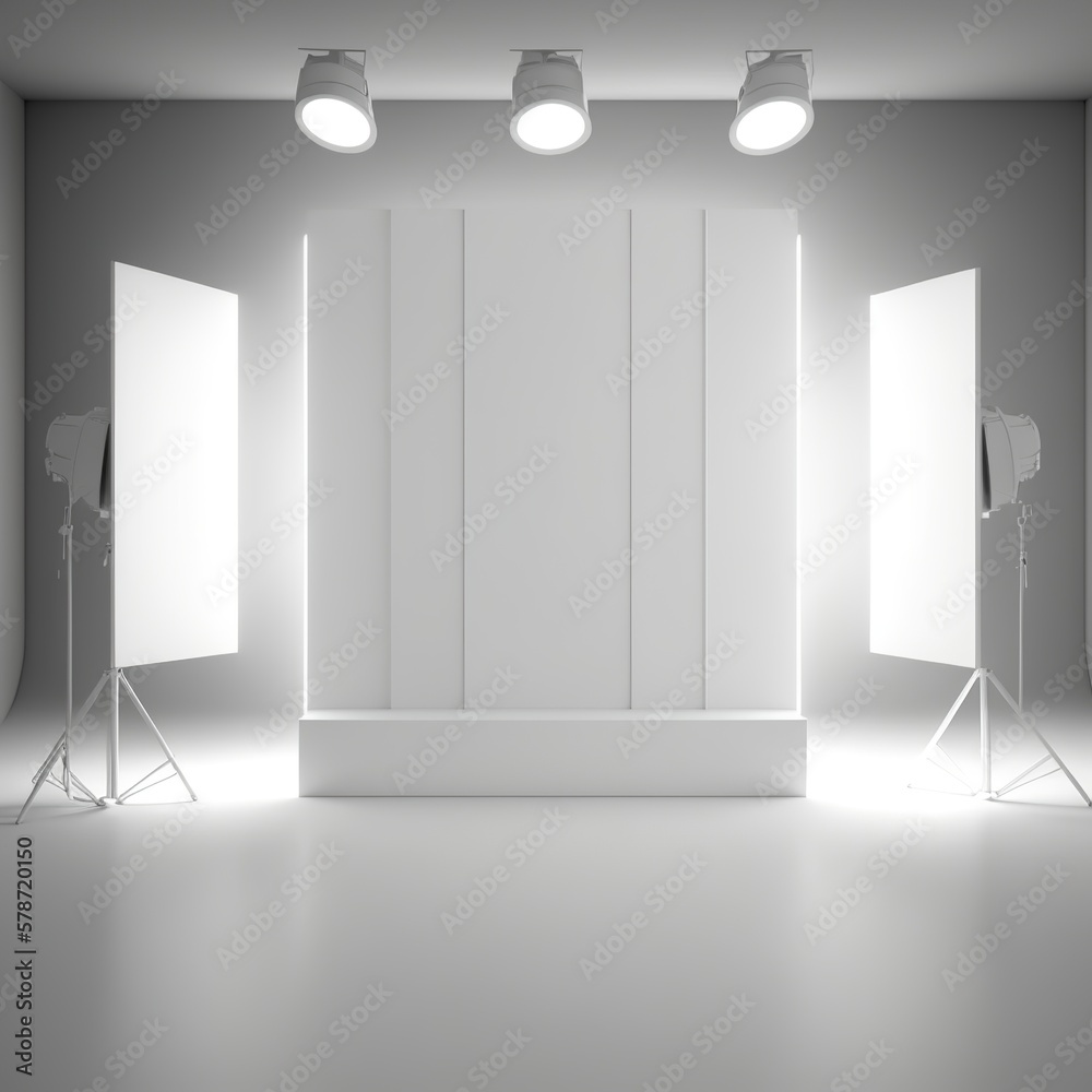 Empty white studio backdrops and spotlight on entertainment room background with showing scene. White product display or blank room. 3D rendering with lamp illumination from above Generative AI Empty white studio backdrops and spotlight on entertainment room background with showing scene. White product display or blank room. 3D rendering with lamp illumination from above Generative AI