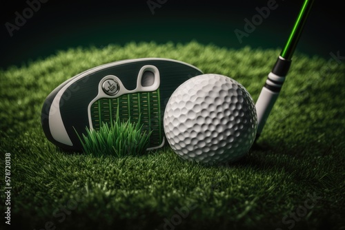 The golfing equipment of a club and a ball on a green grassy background. Photographic focus on a golf club and a golf ball. Generative AI