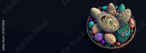 Easter Concept with Colorful Eggs in a Basket.