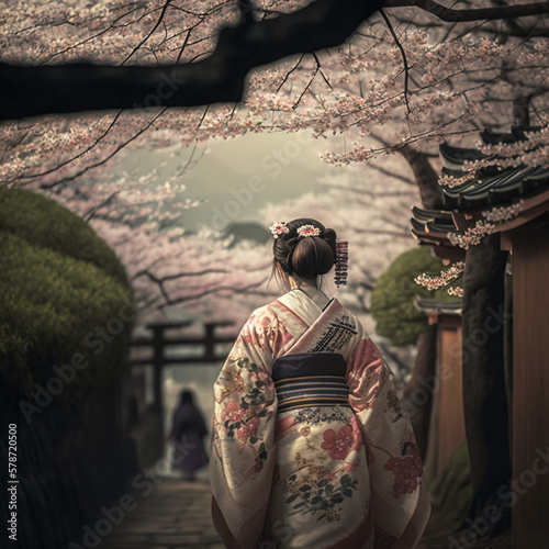 桜並木と和服を着た日本人女性｜Japanese women in kimono with rows of cherry trees Generative AI