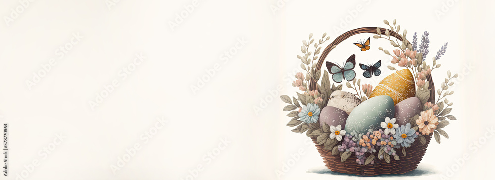 Illustration of Butterfly With Bird Characters With Egg Inside Floral Basket Against Cosmic Latte Background And Copy Space. Happy Easter Day Concept.