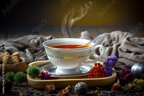 Sweet  hot tea with dessert  on an old background.