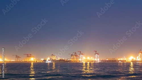 A dusk timelapse of cityscape near the container port in Tokyo panning photo