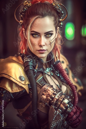 sci fi hero woman wearing armor, Generative AI