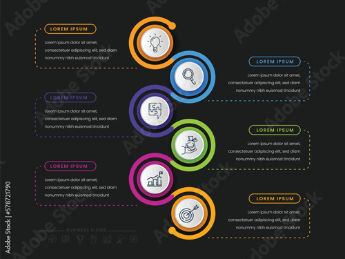 Business Infographic Timeline Template With 6 Circle Label Options And Icons.