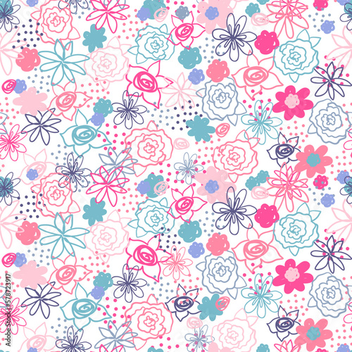 Vector Seamless floral pattern in doodle style with flowers . Cute wallpaper drawing in boho style on white background. Abstract seamless pattern for girls.