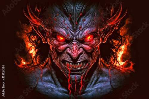 Demon Monster from Hell, glowing red eyes - Ai Generated