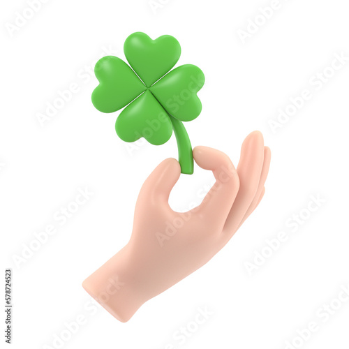 Transparent Backgrounds Mock-up.3d icon hand holding clover leaf. Business arm with green shamrock, luck and success symbol, Supports PNG files with transparent backgrounds.  © lrunups