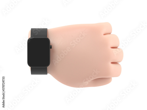 Transparent Backgrounds Mock-up.3d icon smart watch on hand.cartoon arm wearing wristband clock gesture. Realistic illustration, Supports PNG files with transparent backgrounds.
