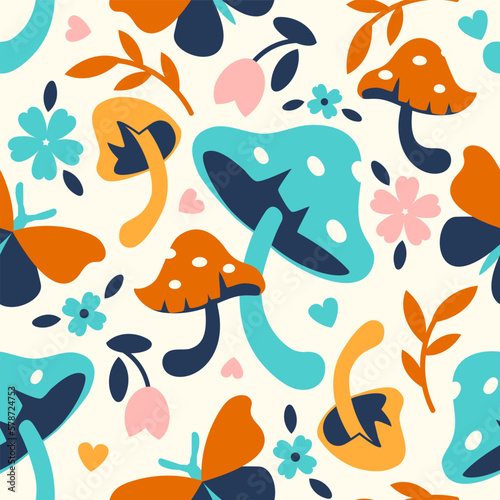 Retro fall or spring seamless pattern with little mushrooms, herbs and flowers. Bloom concept. Tile flat illustration