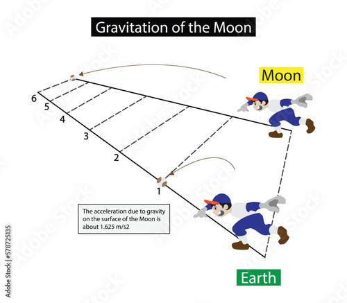 illustration of physics and astronomy, Gravitation of the moon,  weight is directly dependent upon gravitational acceleration, things on the Moon will weigh only 1/6 of what they weigh on the Earth