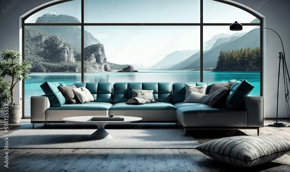 Fototapeta premium a living room with a large window and a couch in front of it. generative ai