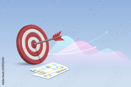 Success business target. Dart hit on red target with growth graph and business report. Achievement, goal and competitive in business strategy and financial investment. 3D vector.