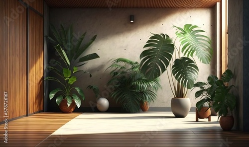  a room filled with lots of potted plants on top of a hard wood floor. generative ai
