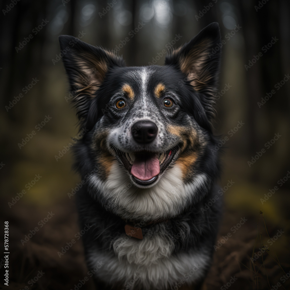 Portrait of a happy dog looking to the camera having fun in the forest, generative ai