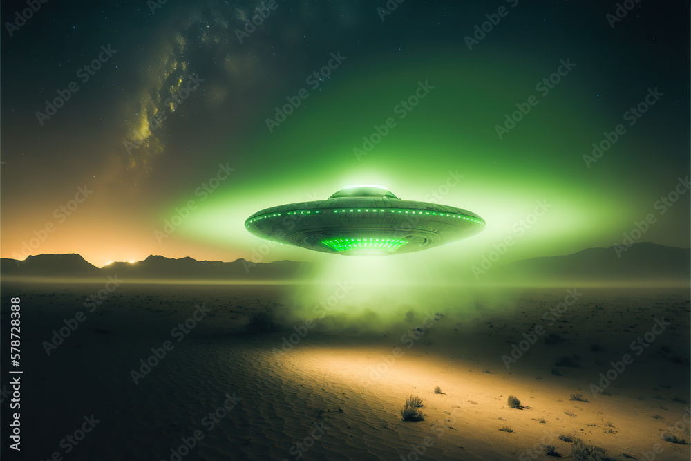 Unidentified flying object UFO hovering above desert. Futuristic spaceship at night. Generative ai.