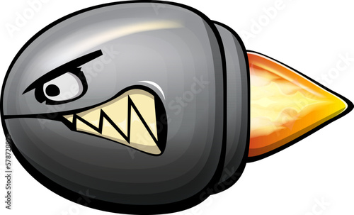 Vector cartoon gun bullet with fire bullet trail isolated on white background. Angry flying Bullet character with mouth, teeth, eyes and fangs. Hand drawn strike bullet
