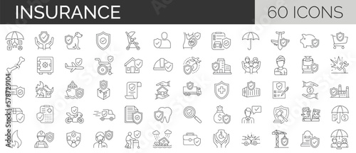 Set of 60 icons related to insurance. Outline icons collection. Simple vector illustration. Editable stroke