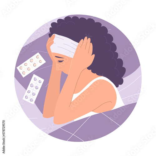 A woman in bed suffers from a headache. Symptom of illness and insomnia. Medical tablets. Flat vector illustration isolated on white background