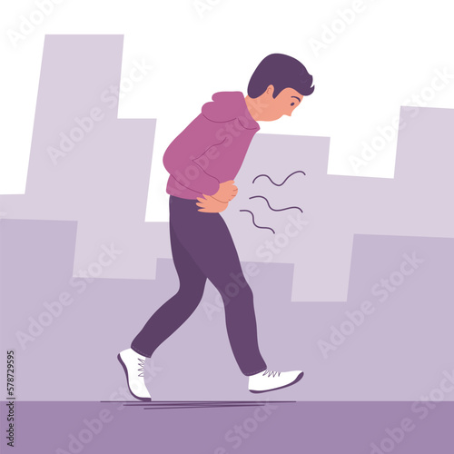A young man suffers from abdominal pain. Walks in a bent posture. Symptom of acute gastritis, diarrhea. Disease of the gastrointestinal tract. Flat vector illustration isolated on white background