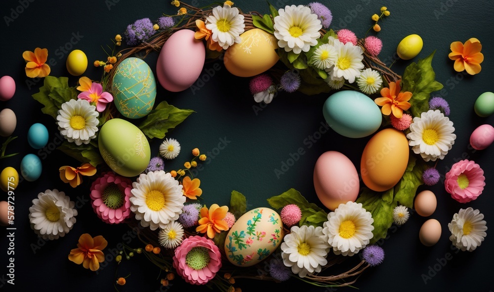  a wreath made of flowers and eggs on a black background.  generative ai