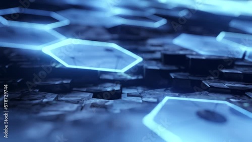 Futuristic Hexagon background. 3d render. Abstract blue Hexagonal pattern. Random motion. Seamless loop